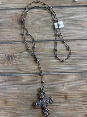 Beaded Black Cord Necklace with Ornate Silver Cross Pendant